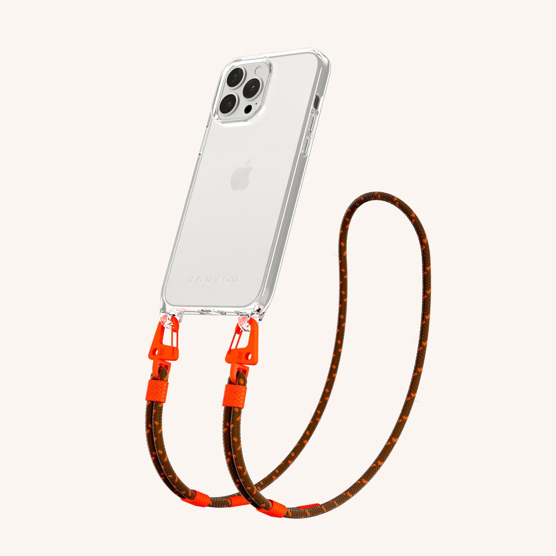 Phone Necklace with Carabiner Rope in Clear + Chestnut