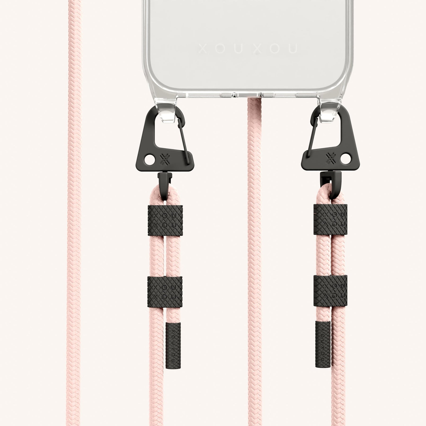 Phone Necklace with Carabiner Rope in Clear + Powder Pink
