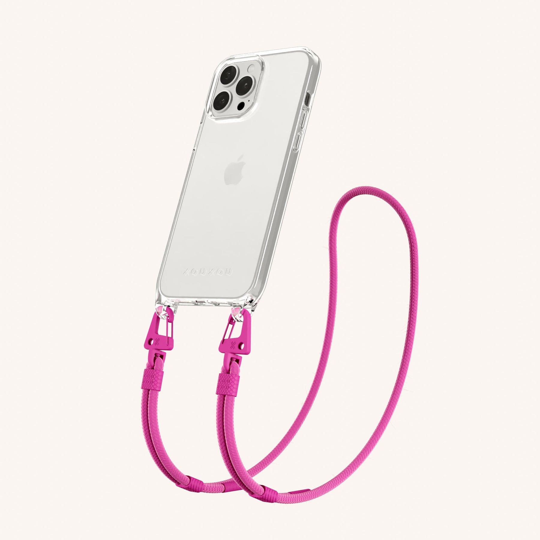 Phone Necklace with Carabiner Rope in Clear + Power Pink
