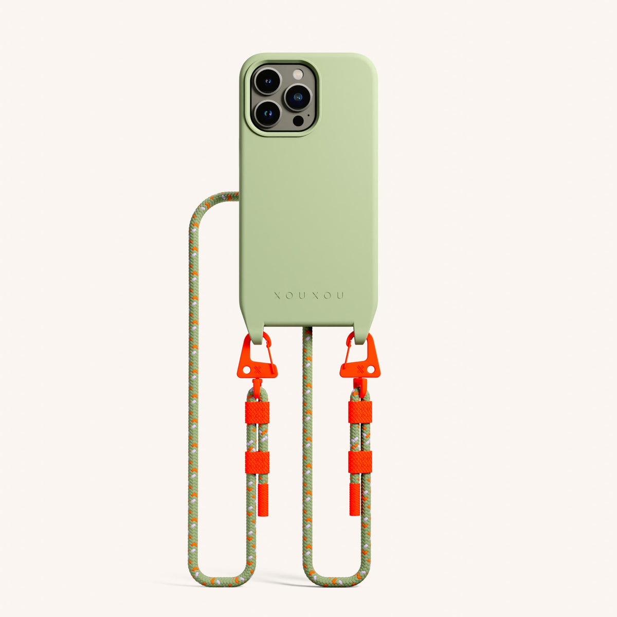 Phone Necklace with Carabiner Rope for iPhone 13 Pro with MagSafe in Light Olive + Orange Camouflage Total View | XOUXOU #phone model_iphone 13 pro