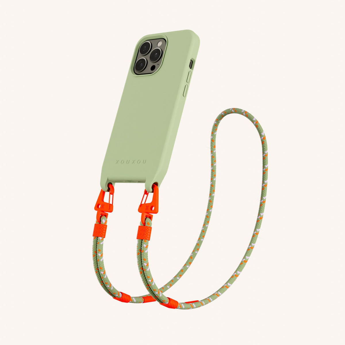 Phone Necklace with Carabiner Rope for iPhone 13 Pro with MagSafe in Light Olive + Orange Camouflage Perspective View | XOUXOU #phone model_iphone 13 pro