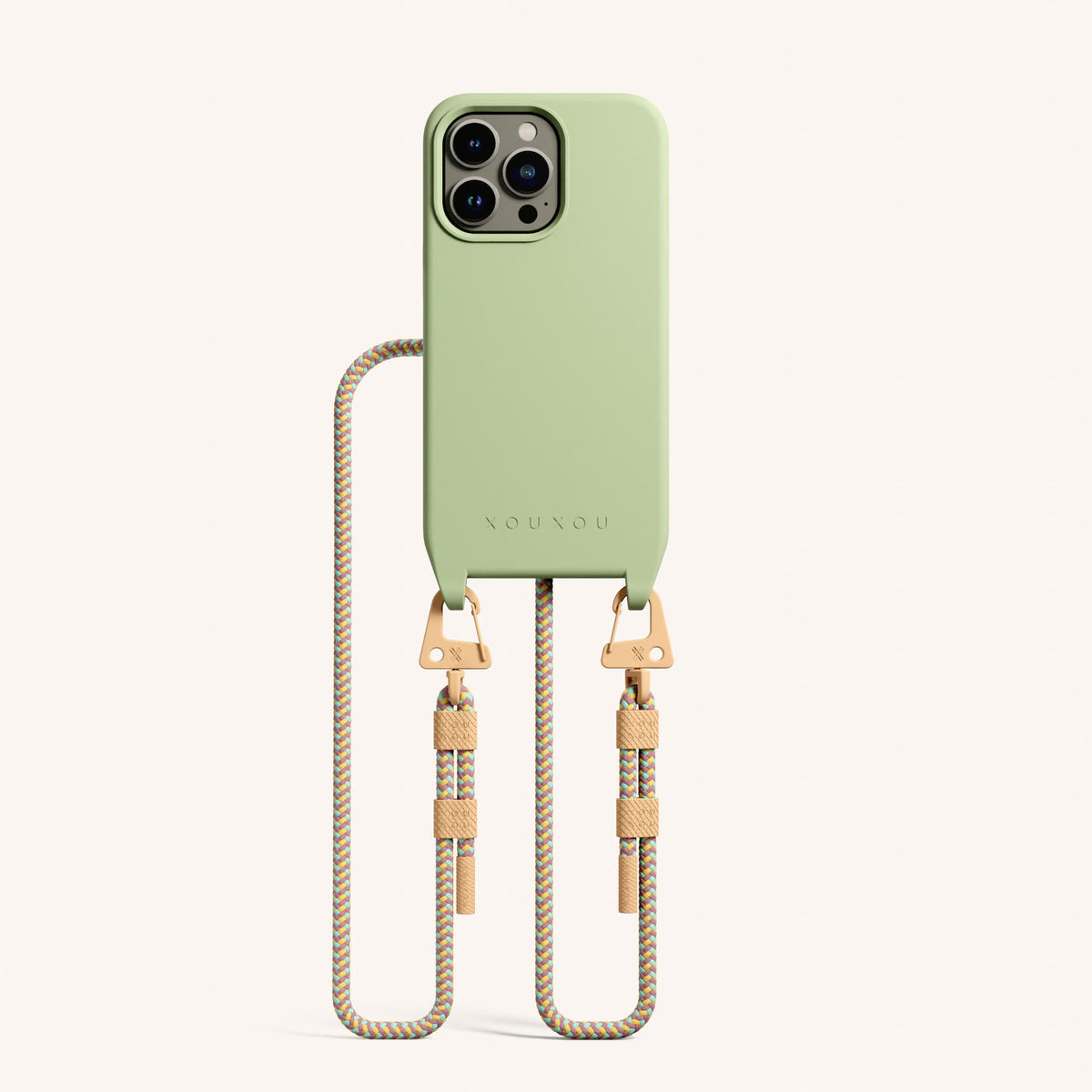 Phone Necklace with Carabiner Rope for iPhone 13 Pro with MagSafe in Light Olive + Palm Springs Total View | XOUXOU #phone model_iphone 13 pro