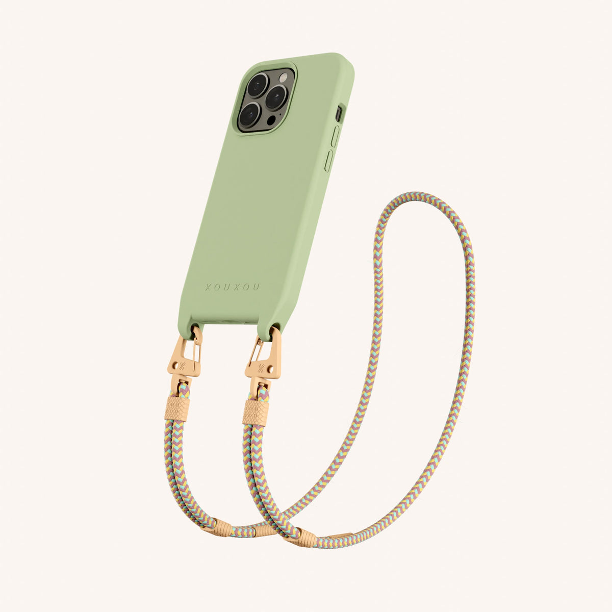 Phone Necklace with Carabiner Rope for iPhone 13 Pro with MagSafe in Light Olive + Palm Springs Perspective View | XOUXOU #phone model_iphone 13 pro