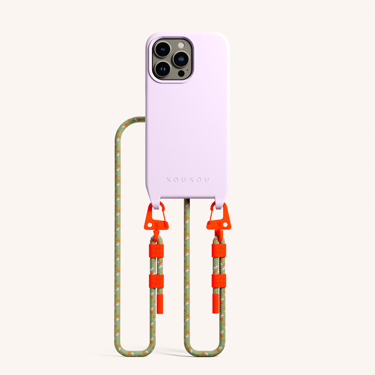 Phone Necklace with Carabiner Rope for iPhone 13 Pro with MagSafe in Lilac + Orange Camouflage Total View | XOUXOU #phone model_iphone 13 pro