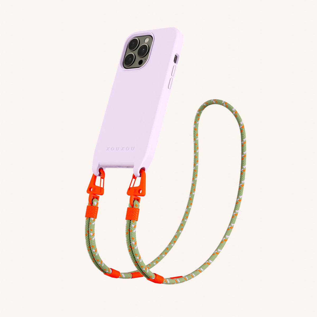 Phone Necklace with Carabiner Rope for iPhone 13 Pro with MagSafe in Lilac + Orange Camouflage Perspective View | XOUXOU #phone model_iphone 13 pro