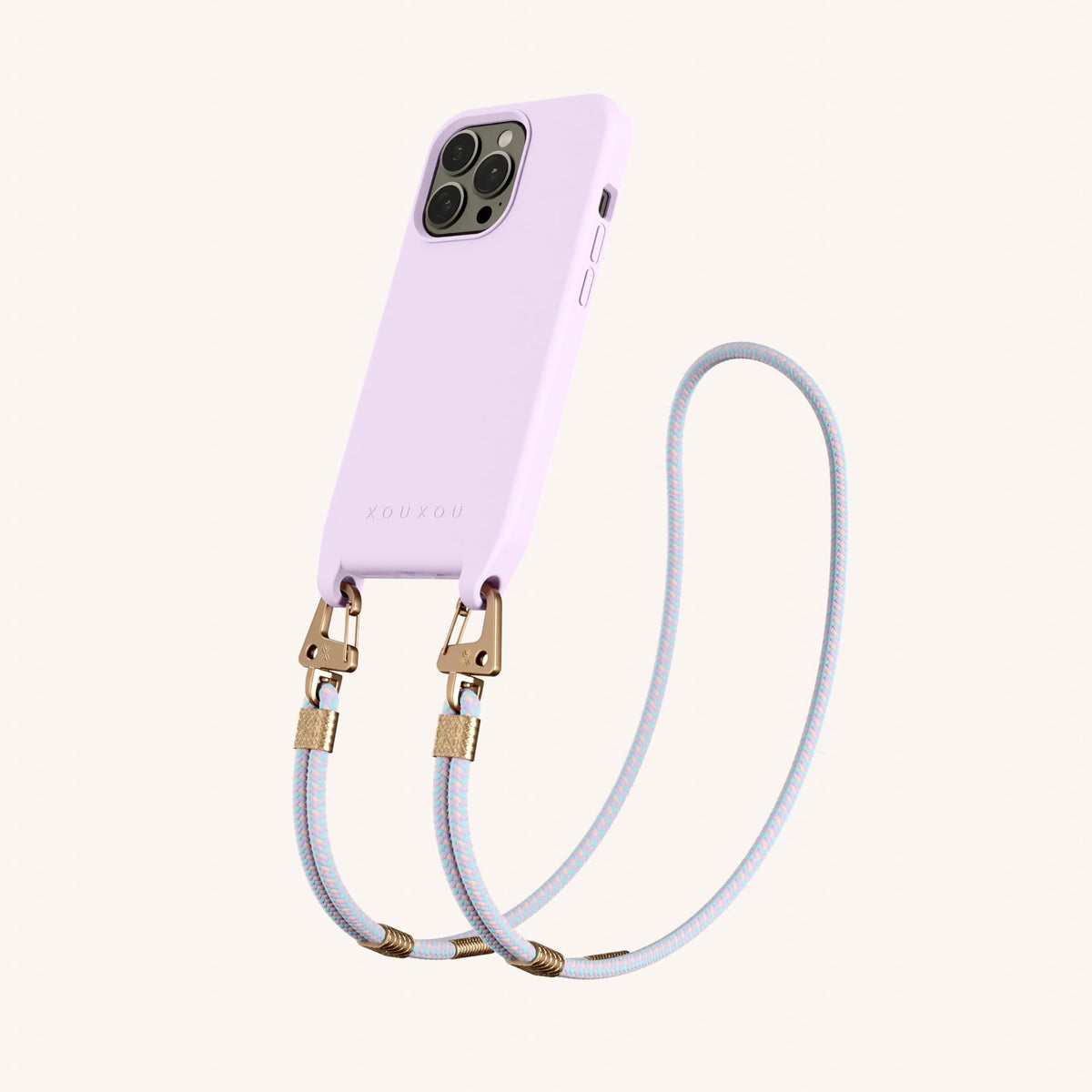 Phone Necklace with Carabiner Rope for iPhone 13 Pro with MagSafe in Lilac + Vibrant Pastel Perspective View | XOUXOU #phone model_iphone 13 pro