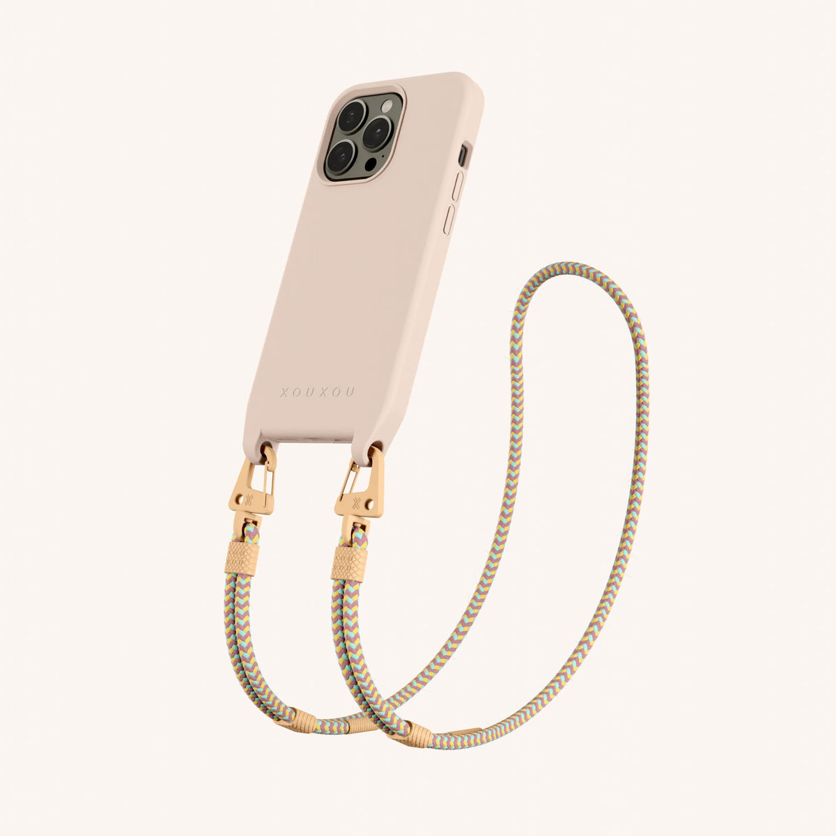 Phone Necklace with Carabiner Rope for iPhone 13 Pro with MagSafe in Powder Pink + Palm Springs Perspective View | XOUXOU #phone model_iphone 13 pro