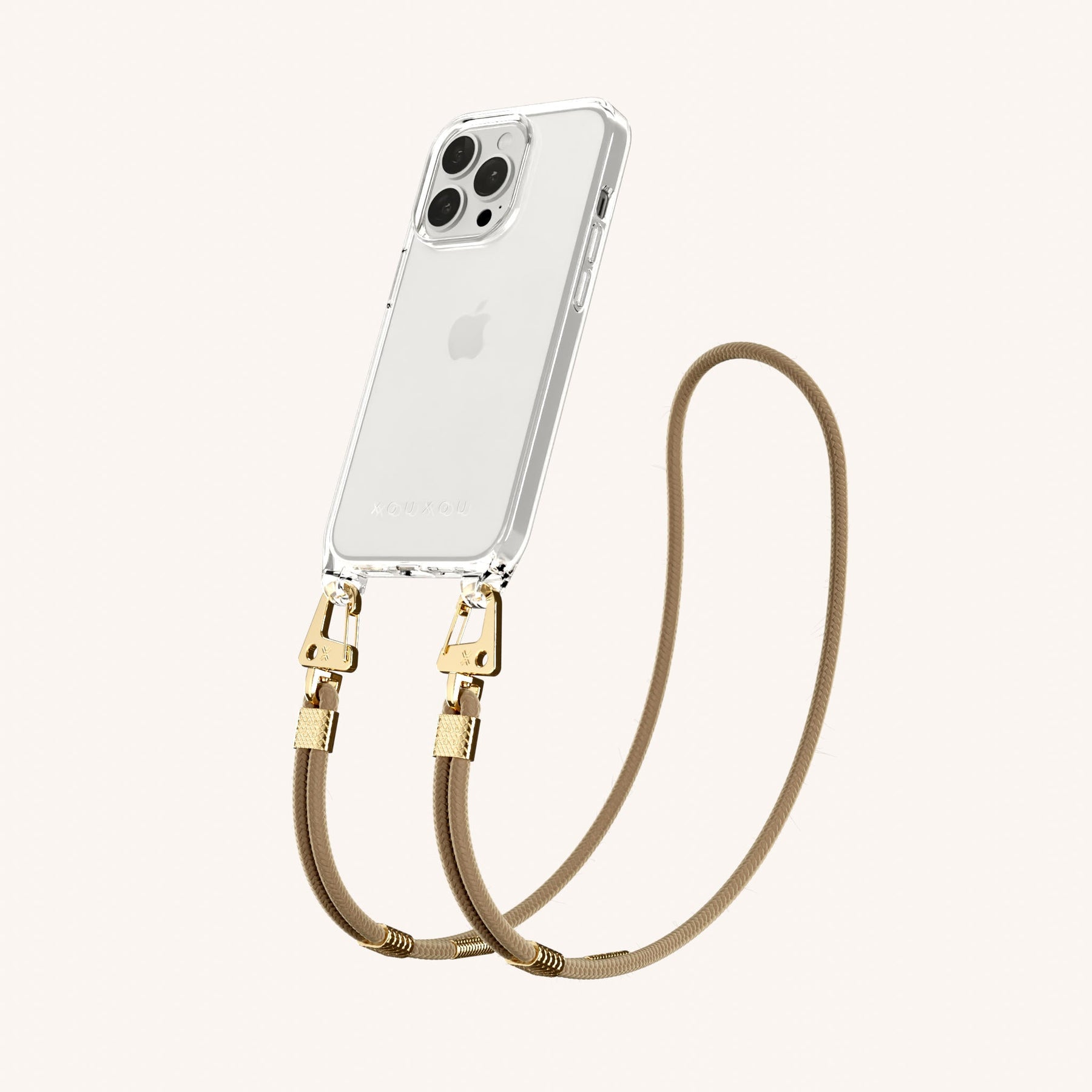 Phone Necklace with Carabiner Rope in Clear + Taupe