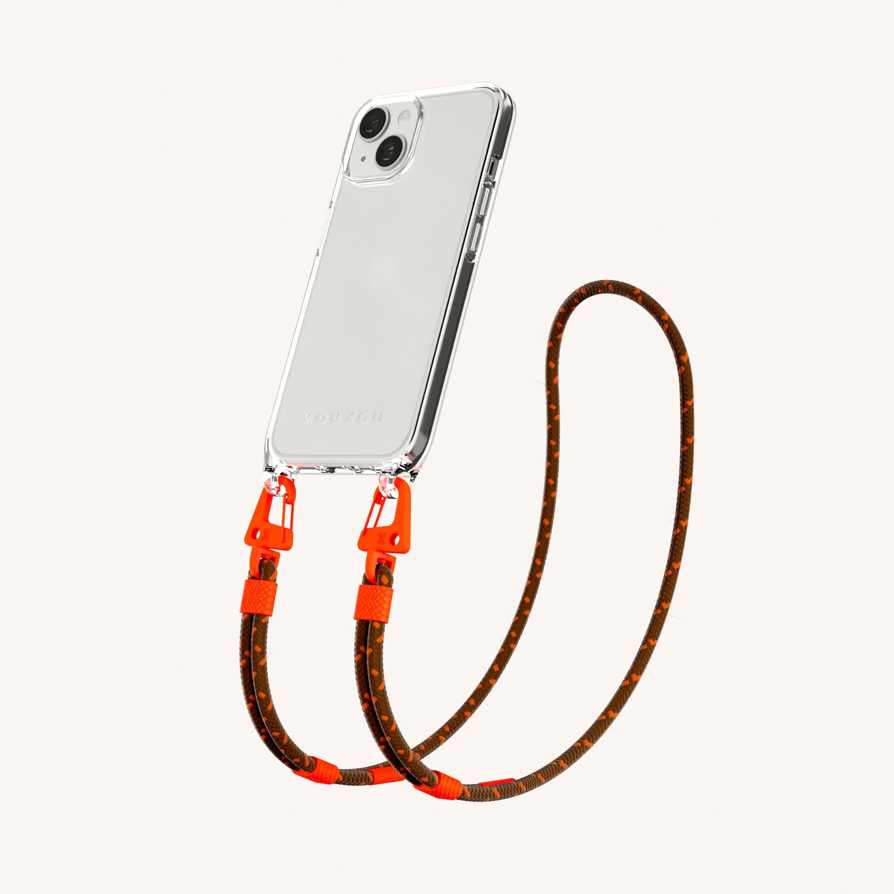 Phone Necklace with Carabiner Rope in Clear + Chestnut