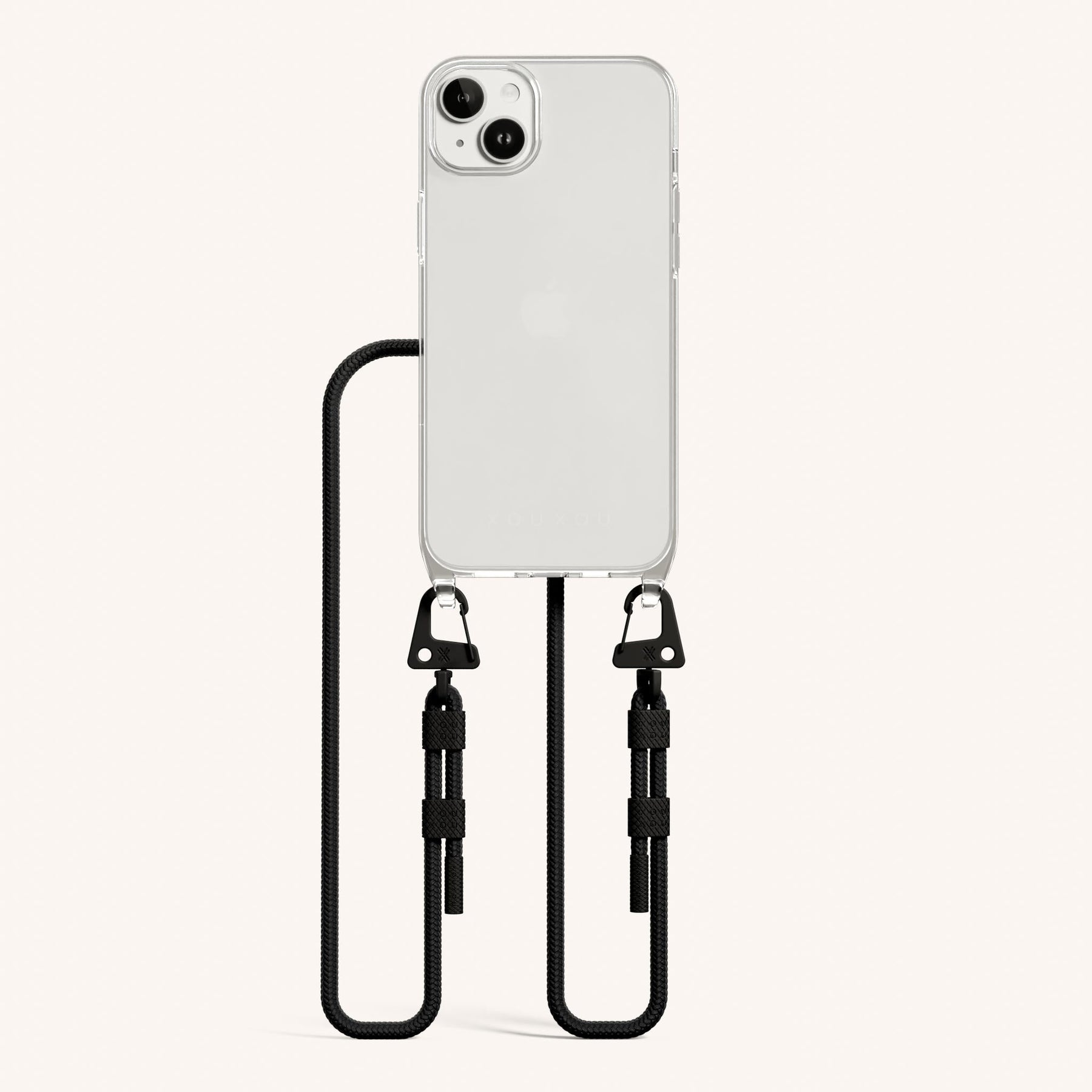 Phone Necklace with Carabiner Rope in Clear + Black