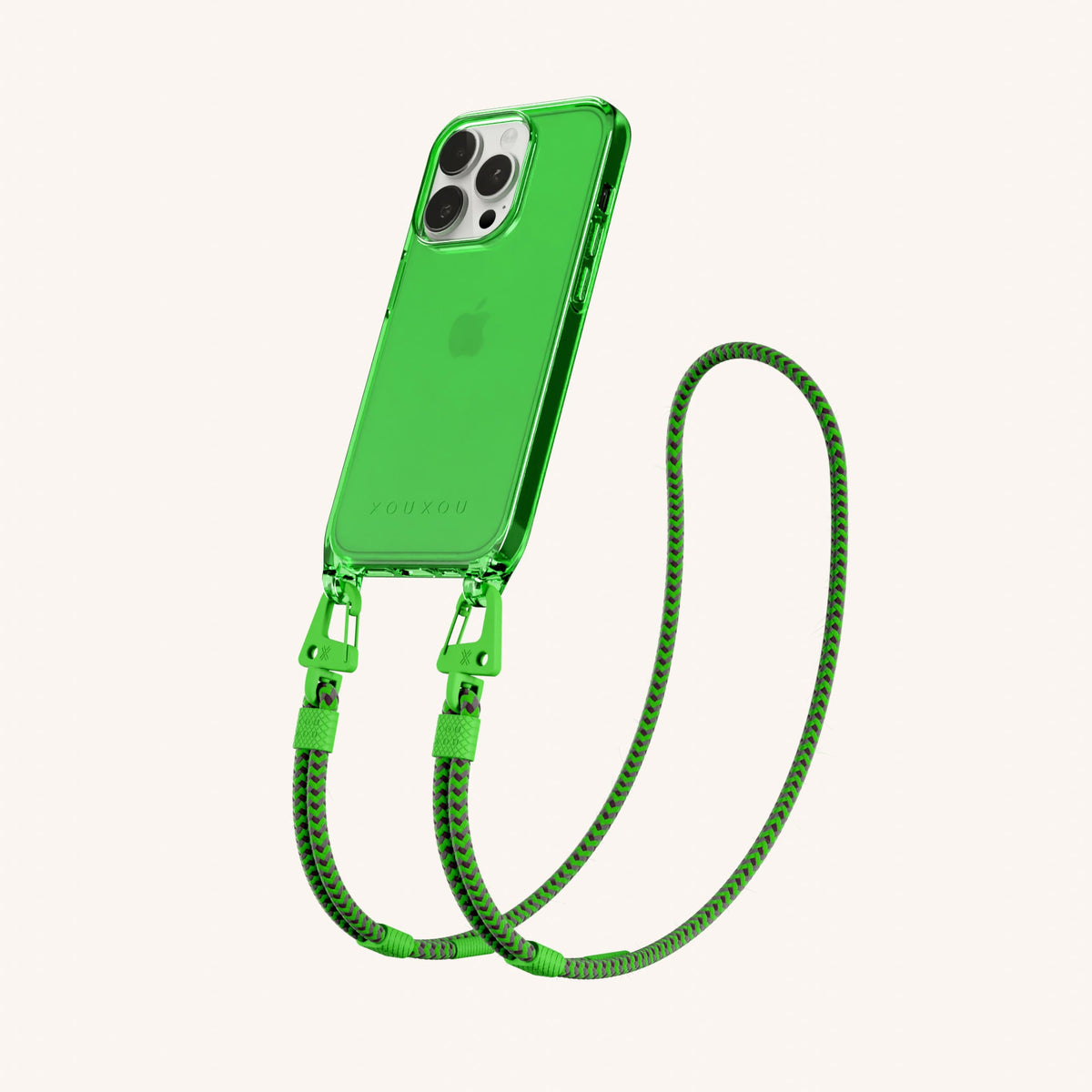 Clear Phone Necklace with Carabiner Rope for iPhone 14 Pro without MagSafe in Neon Green Clear Perspective View | XOUXOU #phone model_iphone 14 pro