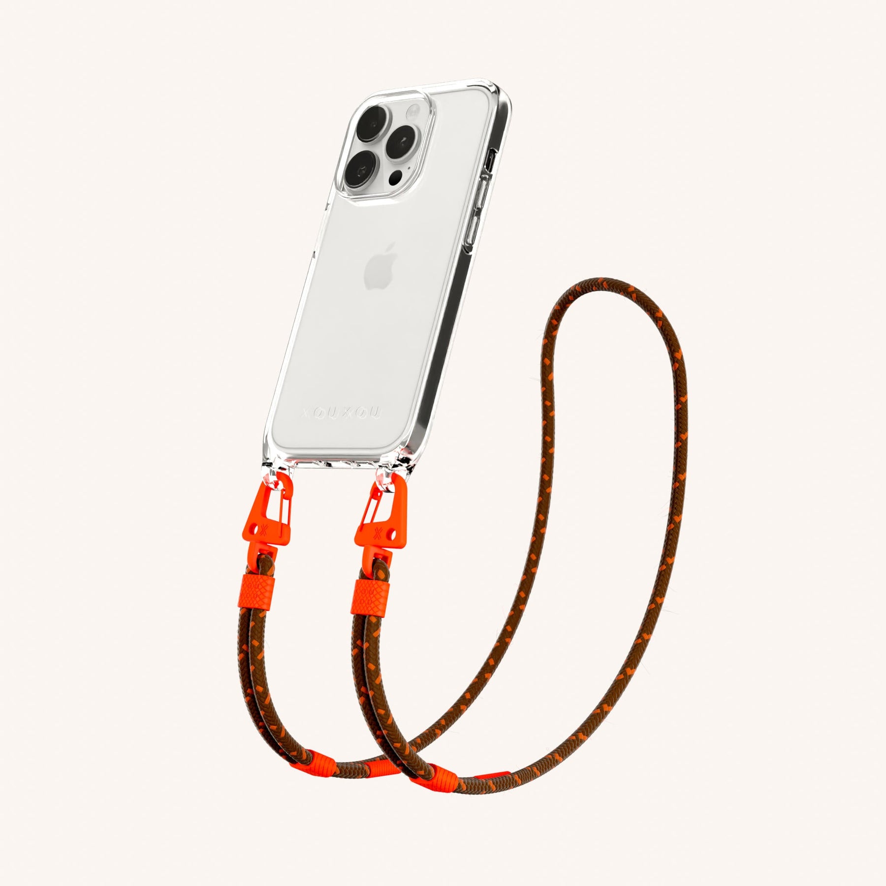 Phone Necklace with Carabiner Rope in Clear + Chestnut