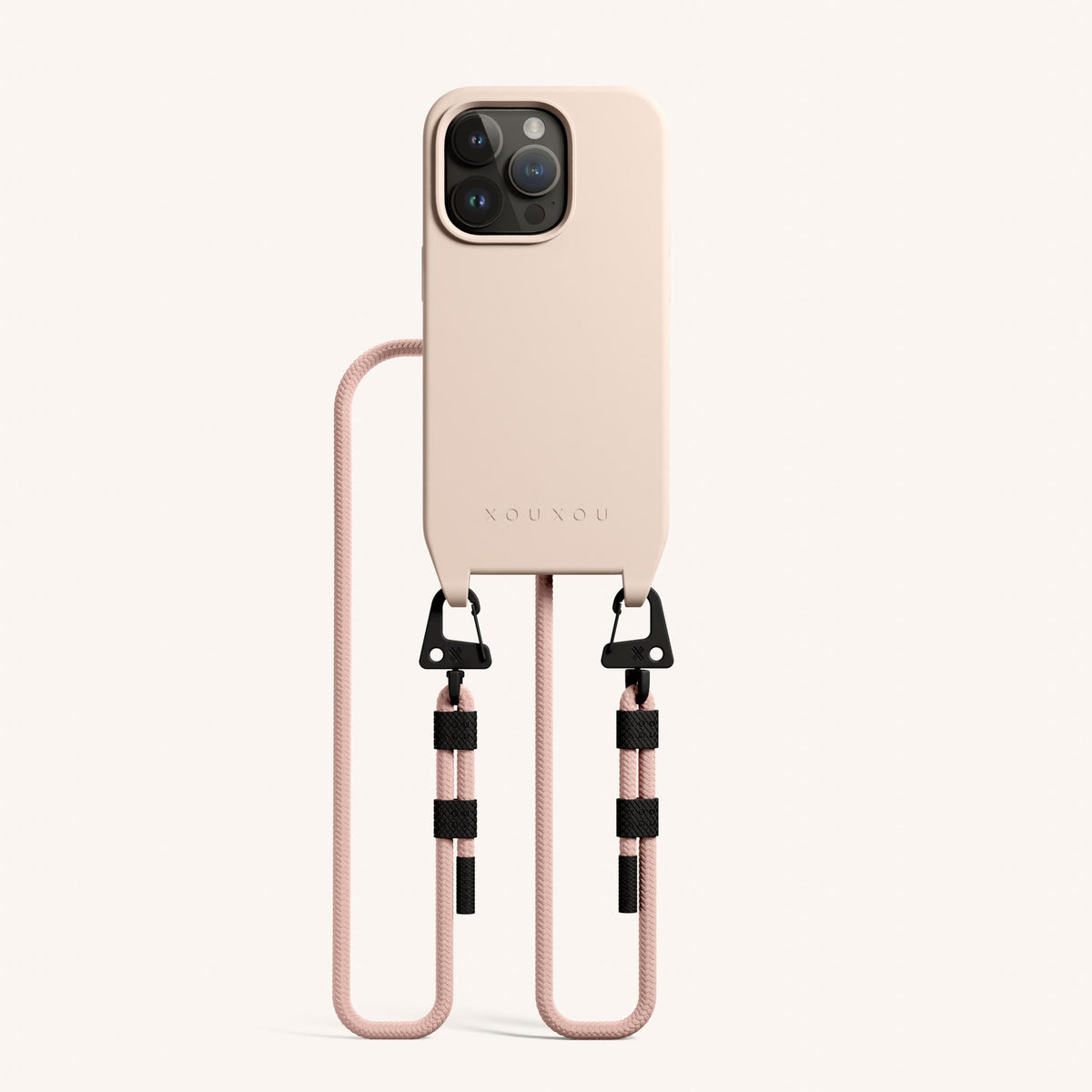 Phone Necklace with Carabiner Rope for iPhone 14 Pro without MagSafe in Powder Pink Total View | XOUXOU #phone model_iphone 14 pro