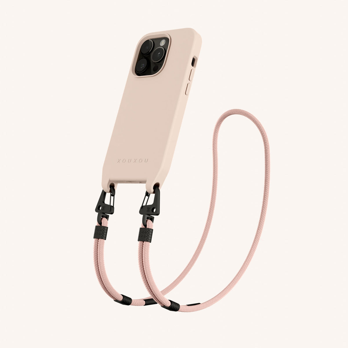 Phone Necklace with Carabiner Rope for iPhone 14 Pro without MagSafe in Powder Pink Perspective View | XOUXOU #phone model_iphone 14 pro