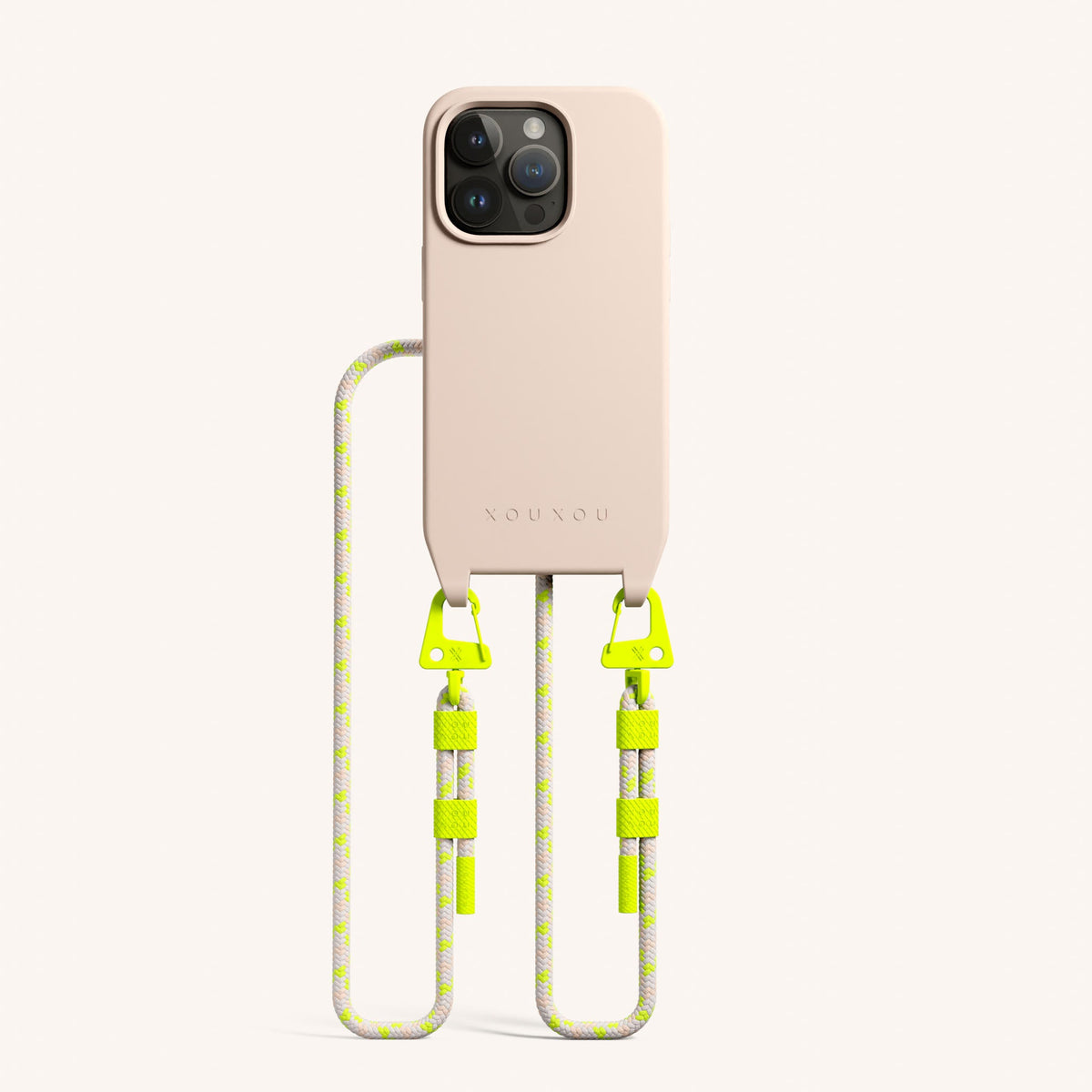 Phone Necklace with Carabiner Rope for iPhone 14 Pro without MagSafe in Powder Pink + Neon Camouflage Total View | XOUXOU #phone model_iphone 14 pro