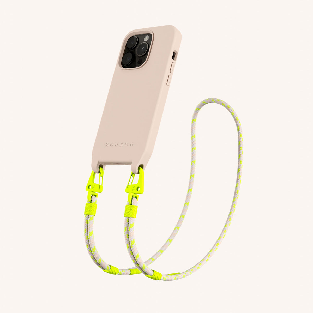 Phone Necklace with Carabiner Rope for iPhone 14 Pro without MagSafe in Powder Pink + Neon Camouflage Perspective View | XOUXOU #phone model_iphone 14 pro