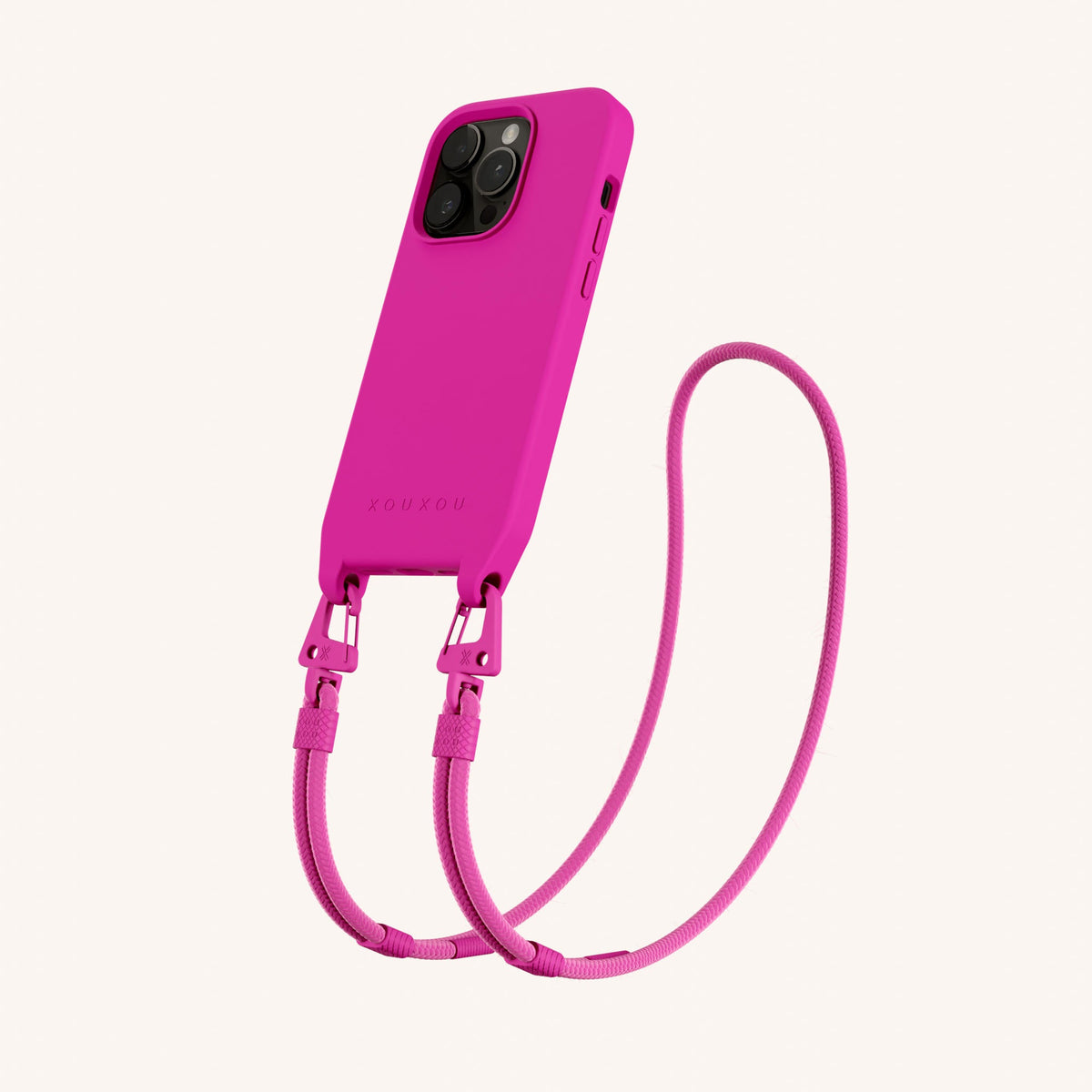 Phone Necklace with Carabiner Rope for iPhone 14 Pro without MagSafe in Power Pink Perspective View | XOUXOU #phone model_iphone 14 pro