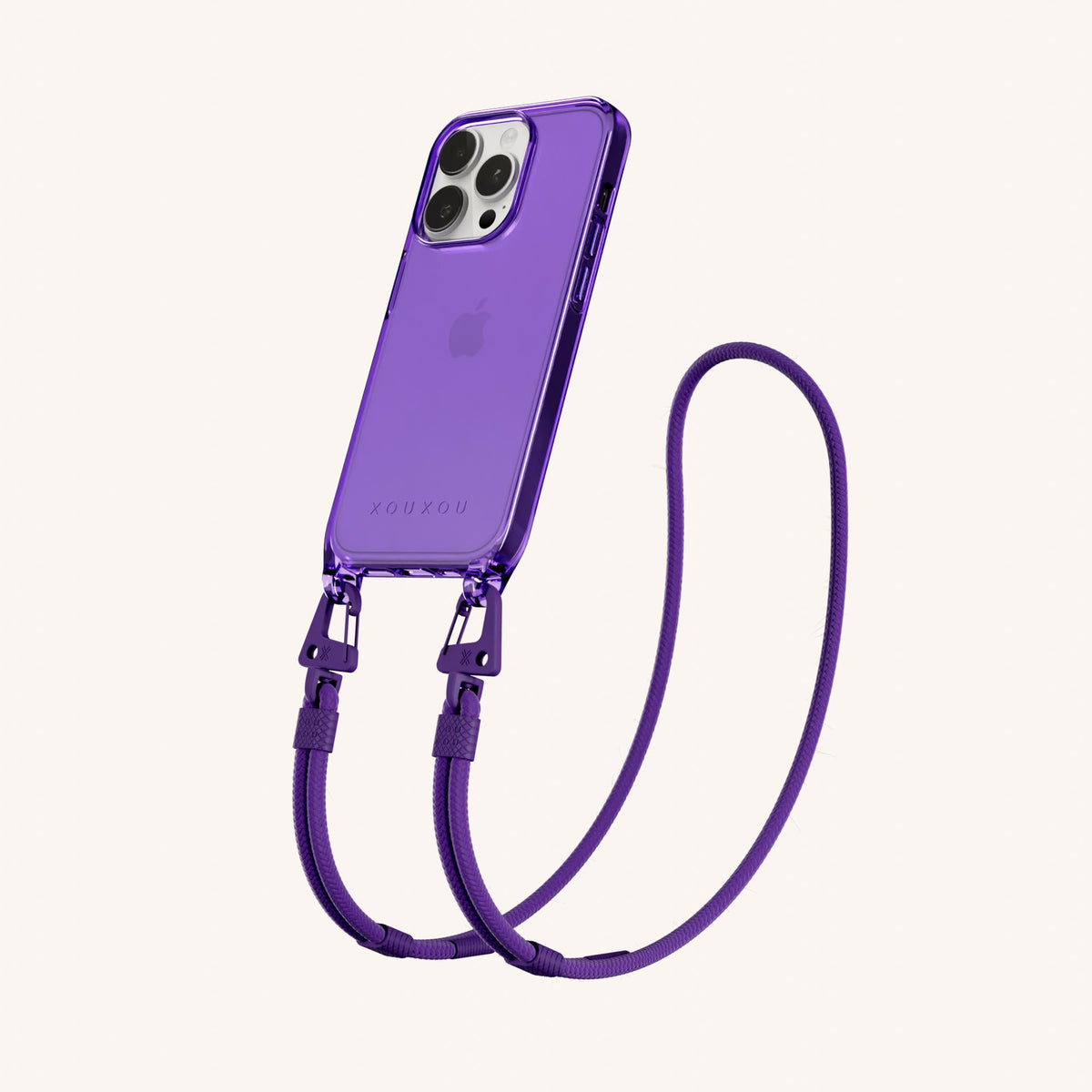 Clear Phone Necklace with Carabiner Rope for iPhone 14 Pro without MagSafe in Purple Clear Perspective View | XOUXOU #phone model_iphone 14 pro