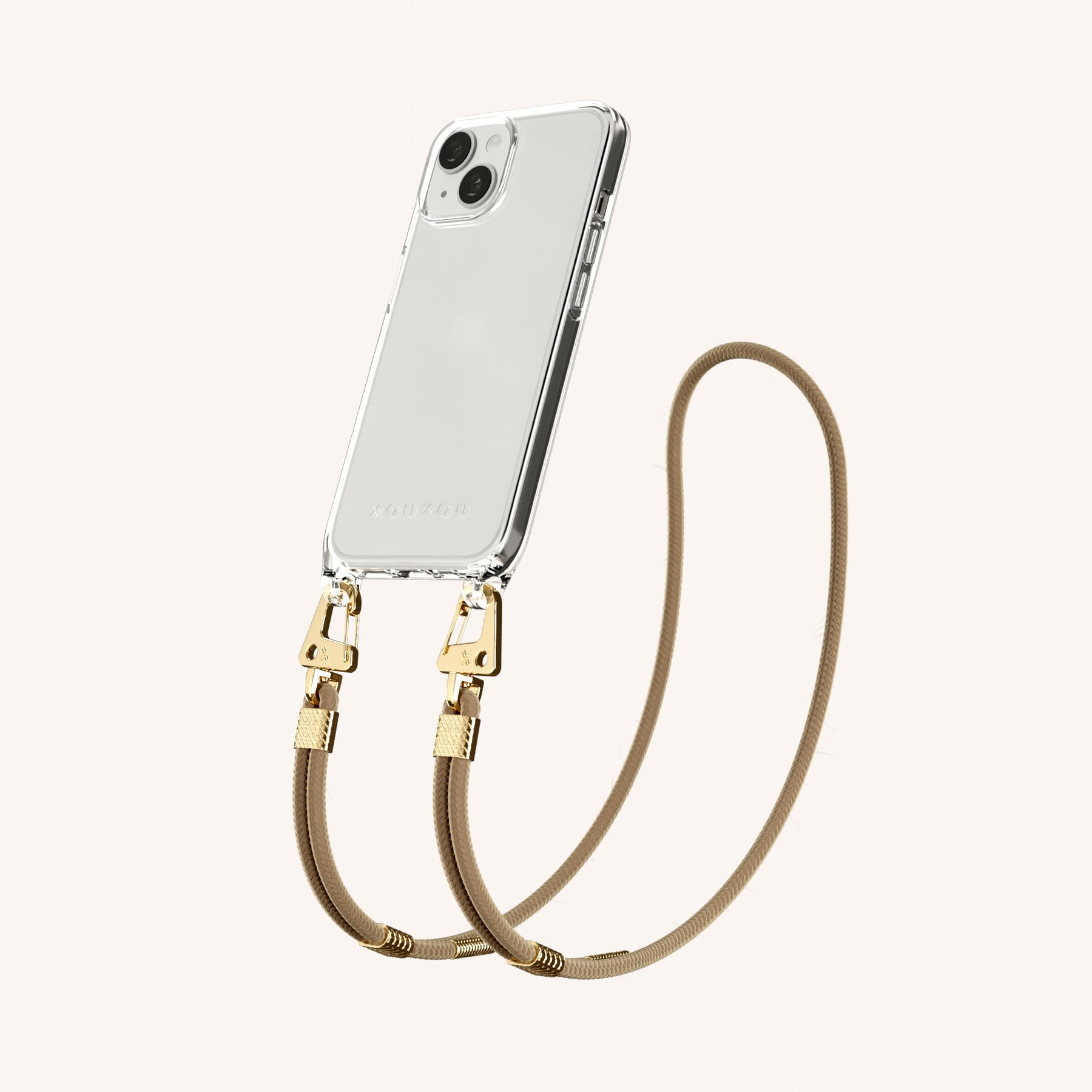 Phone Necklace with Carabiner Rope in Clear + Taupe
