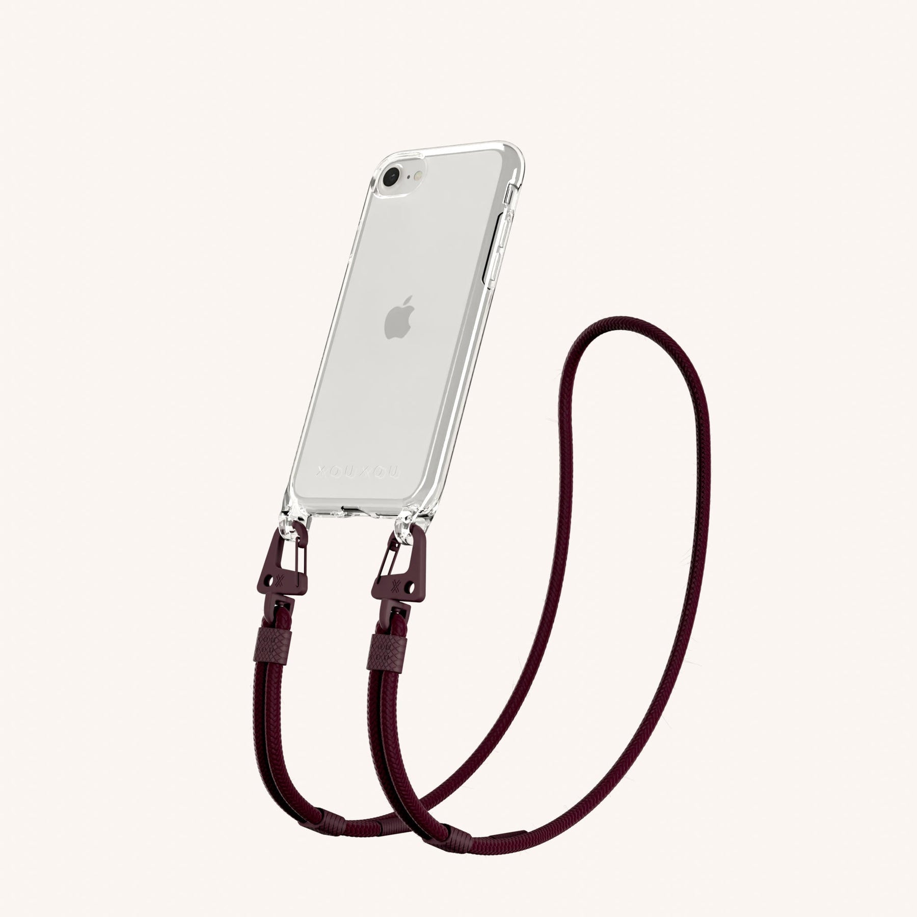 Phone Necklace with Carabiner Rope in Clear + Burgundy