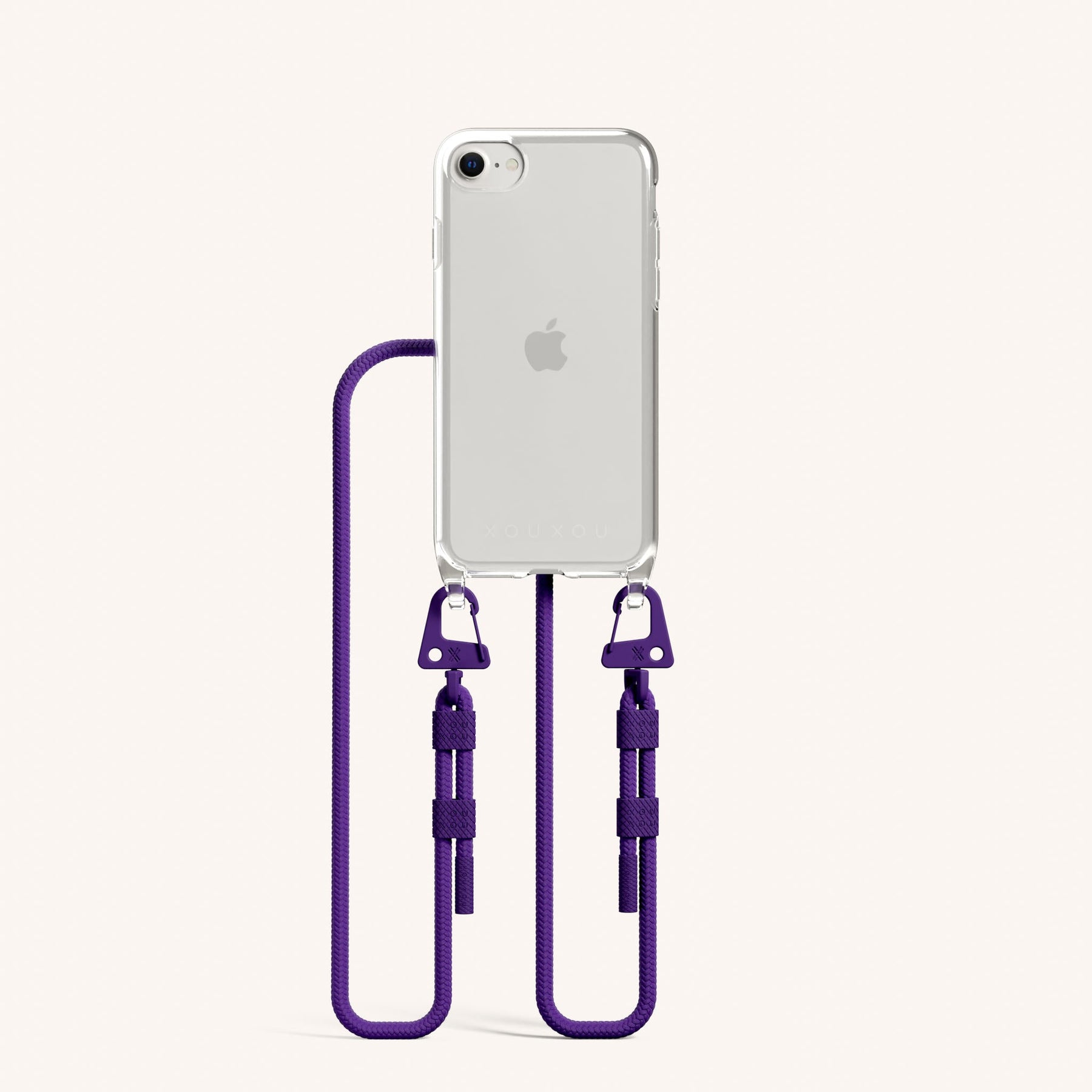 Phone Necklace with Carabiner Rope in Clear + Purple