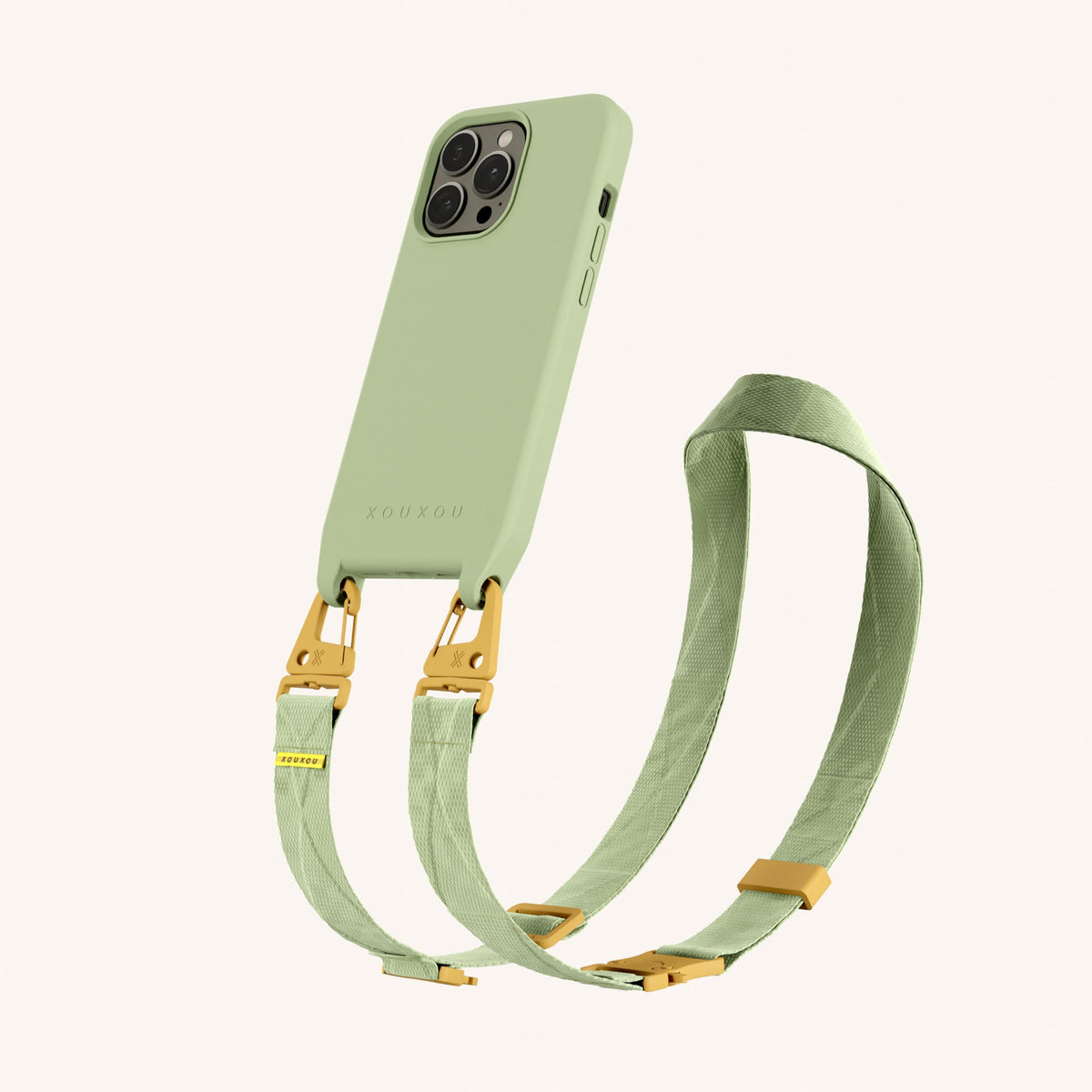 Phone Necklace with Lanyard for iPhone 13 Pro with MagSafe in Light Olive Perspective View | XOUXOU #phone model_iphone 13 pro