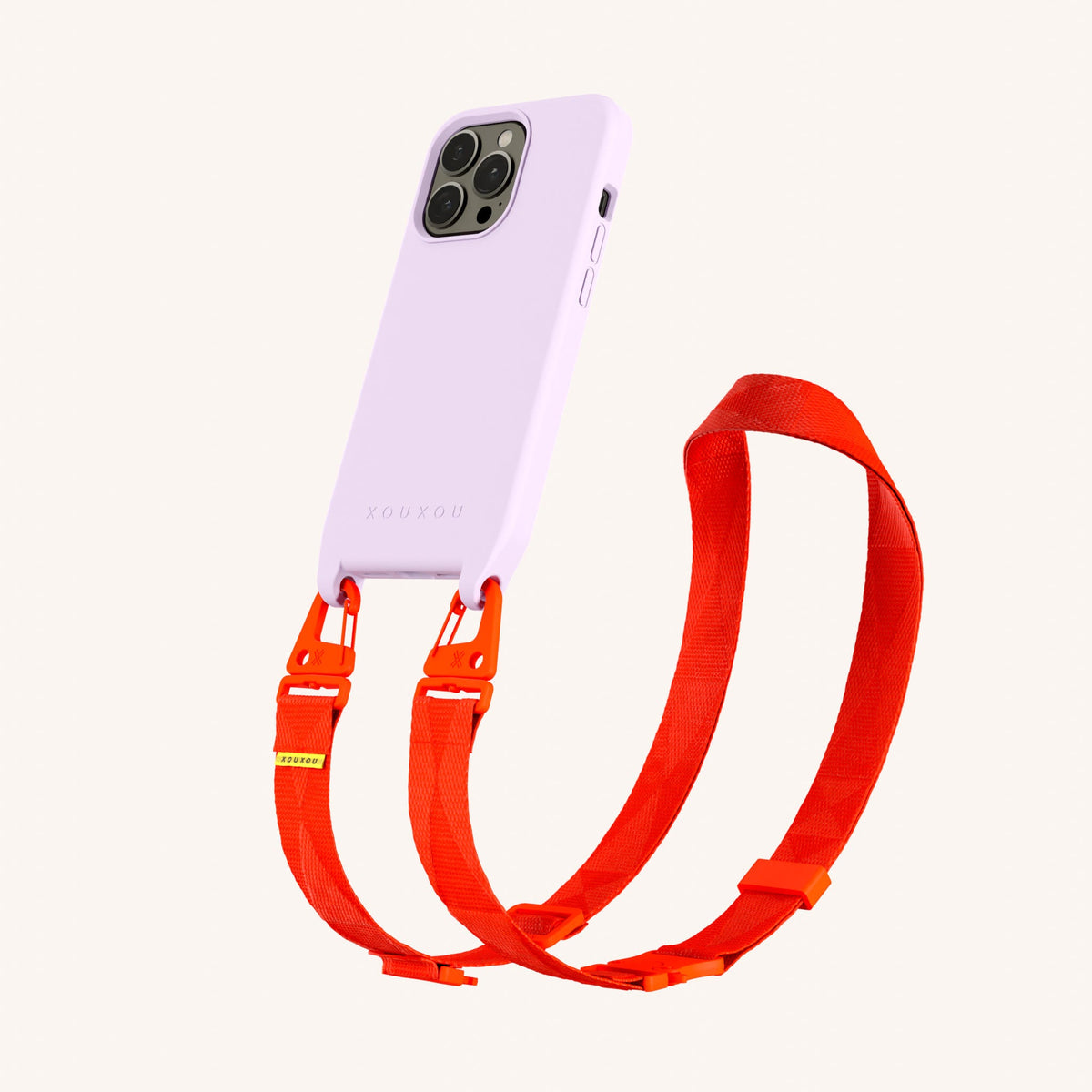 Phone Necklace with Lanyard for iPhone 13 Pro with MagSafe in Lilac + Neon Orange Perspective View | XOUXOU #phone model_iphone 13 pro