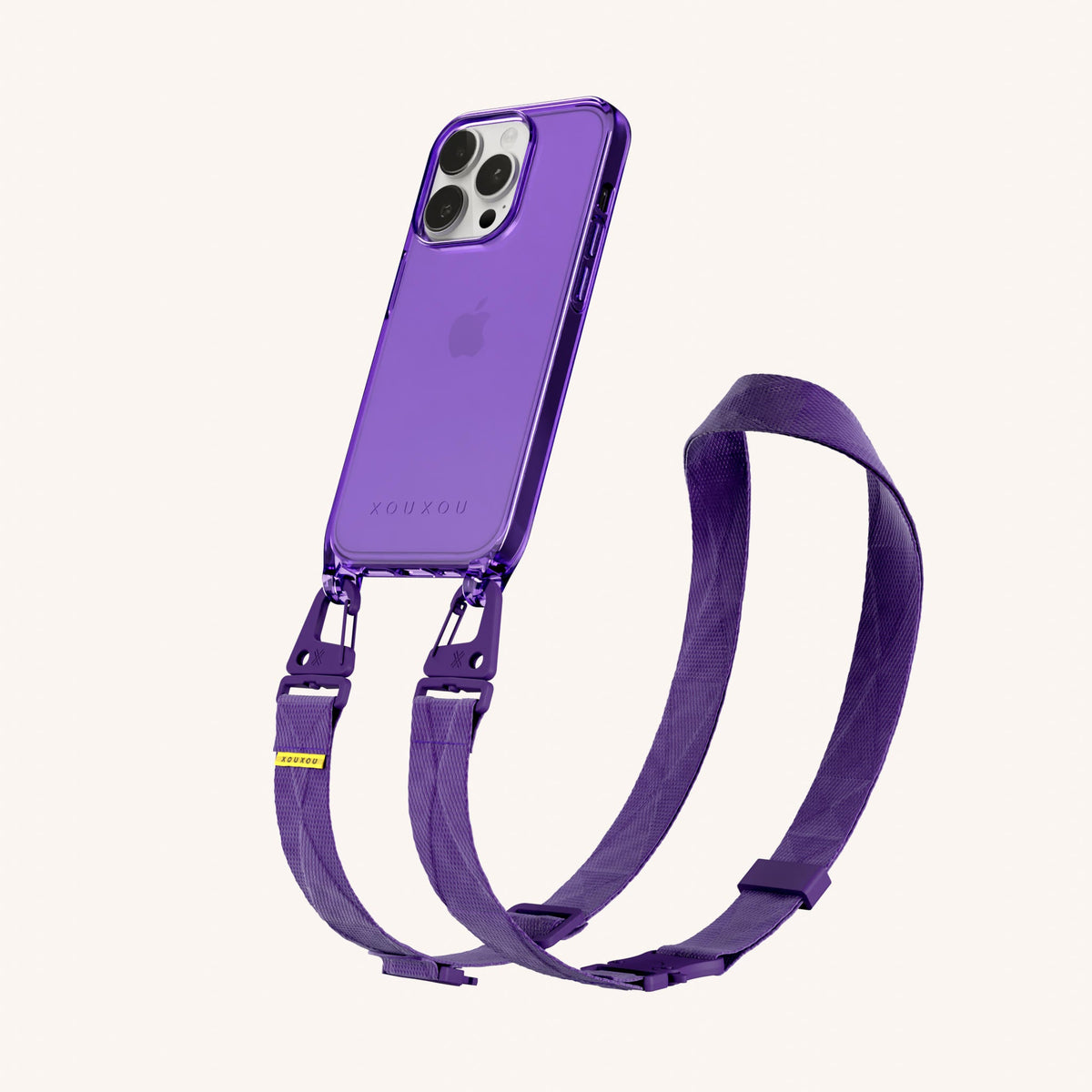 Clear Phone Necklace with Lanyard for iPhone 14 Pro without MagSafe in Purple Clear Perspective View | XOUXOU #phone model_iphone 14 pro