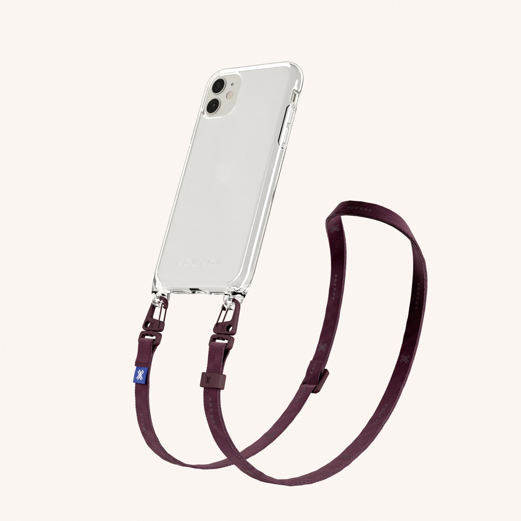 Phone Necklace with Slim Lanyard in Clear + Burgundy